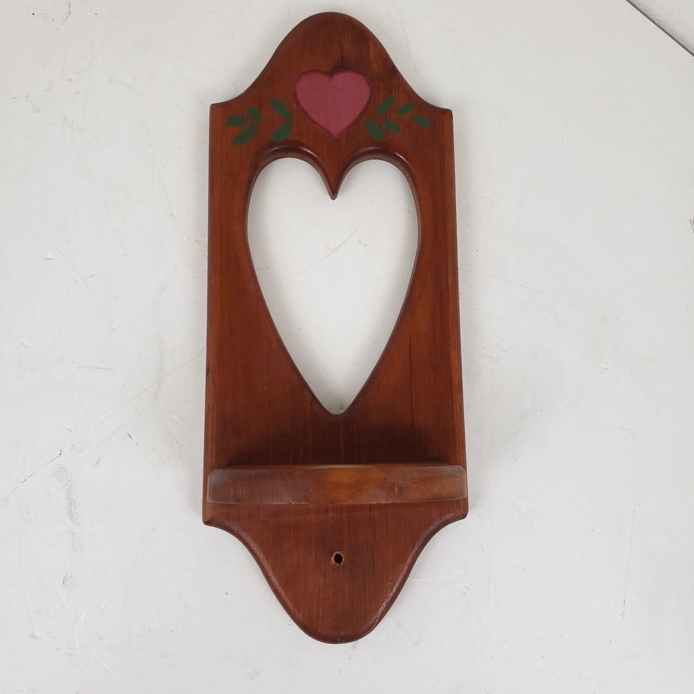 Vintage Wooden Heart Cutout Wall Shelf Rustic Country Decor Hand Painted 15"